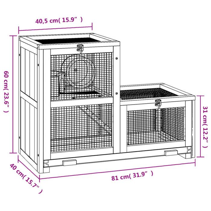 VidaXL Cage à hamster 81x40x60 cm bois massif de sapin, maison pour hamster, cage à rat, cage à gerbille, cage à souris, 172384