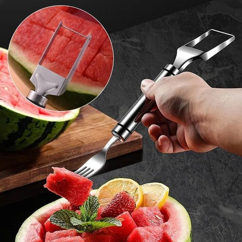 2-in-1 Stainless Steel Fruit Cutter Portable Fruit Forks Slicer Stainless Steel Fruit Cutter for Home Party Camping Kitchen Tool