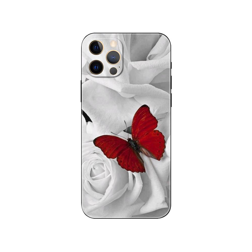 Red Butterfly On Roses Flower Phone Case for Iphone 2020se 6 6s 7 8 Plus X 10 XR XS 11 12 13 Mini Pro MAX Black Tpu Back Cover