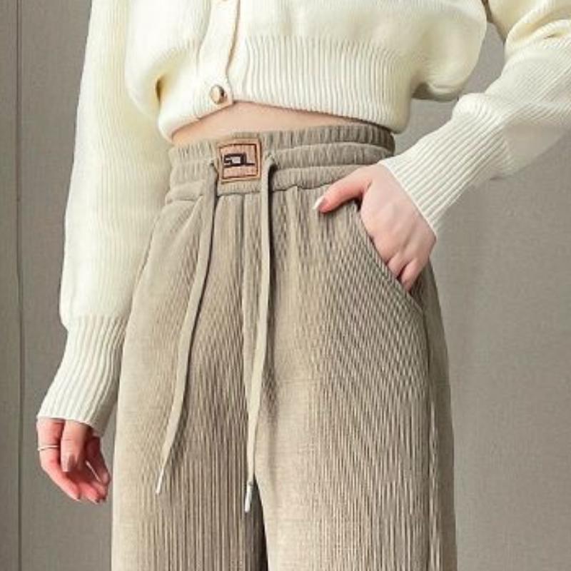 Pantaloni calduri din lână de miel îngroșați de iarnă pentru femei, ocazional, elastic, cu talie înaltă, pantaloni vintage cu picioare largi, design nou, pantaloni largi, chic, pentru exterior