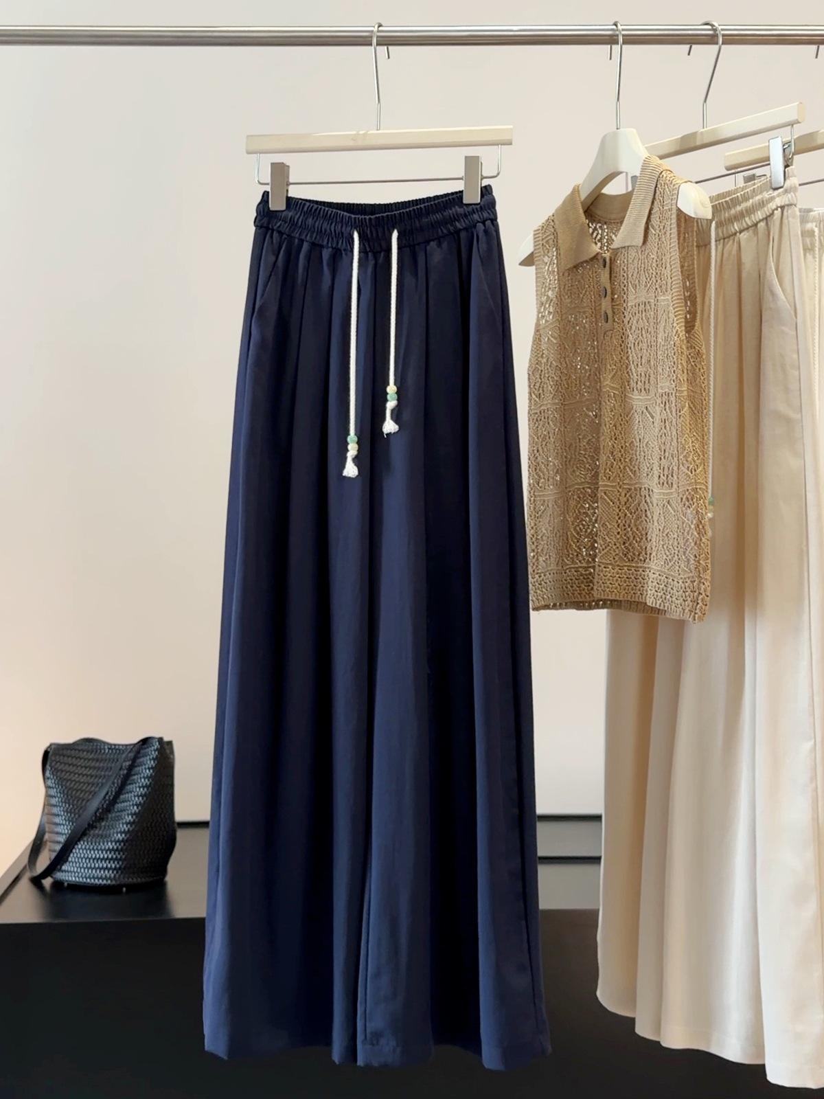 Women s High Waist Drawstring Wide Leg Pants Loose Fit Linen Blend Draped Casual Trousers M