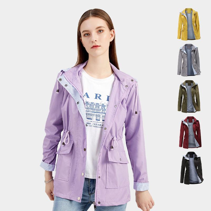 Women's Solid Color Hooded Trench Coat Plus Size Jacket, Detachable Hood, Pockets, Waist Drawstring Design, Multiple Colors Available
