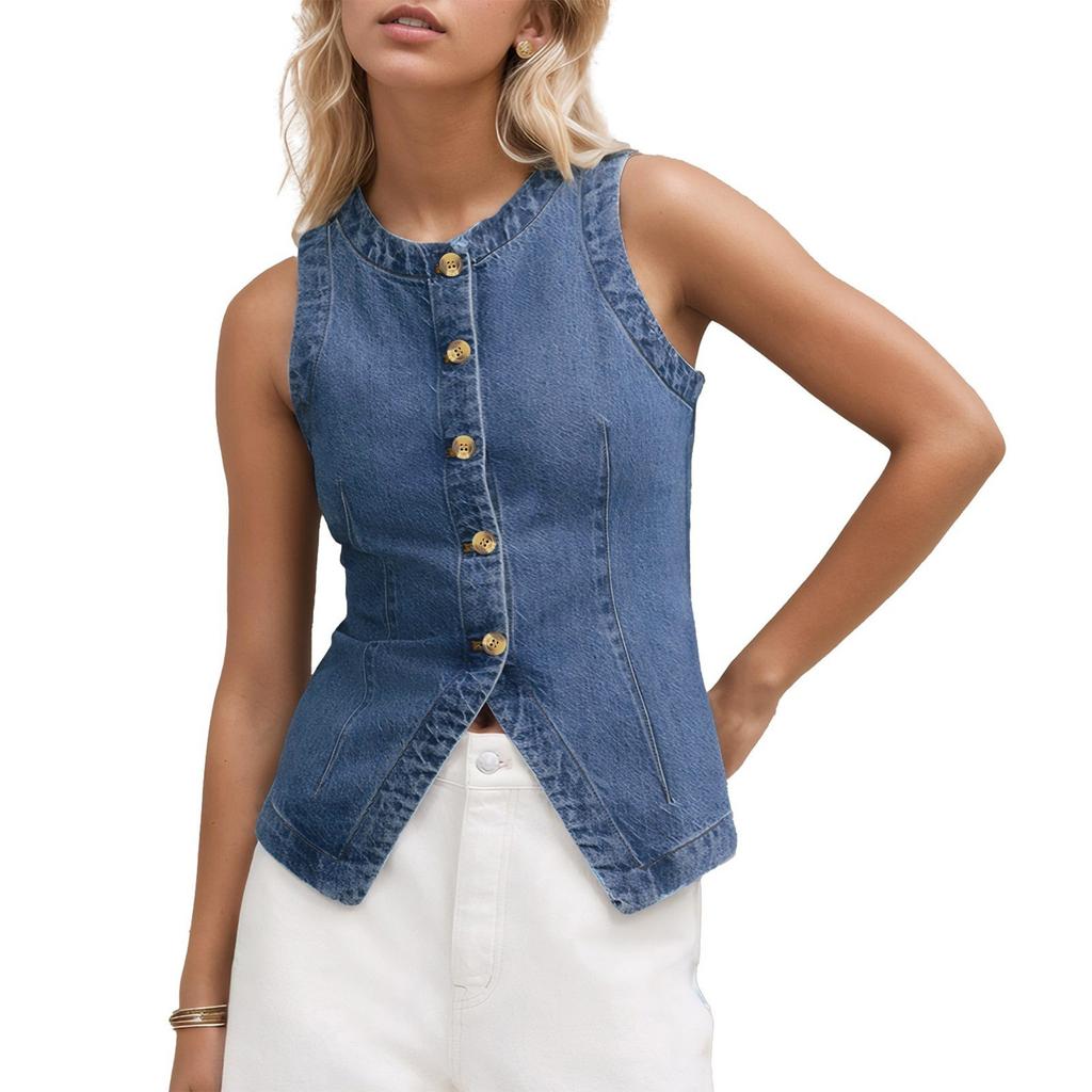 Women's Fashion Casual Sleeveless Button Down Denim Waistcoat