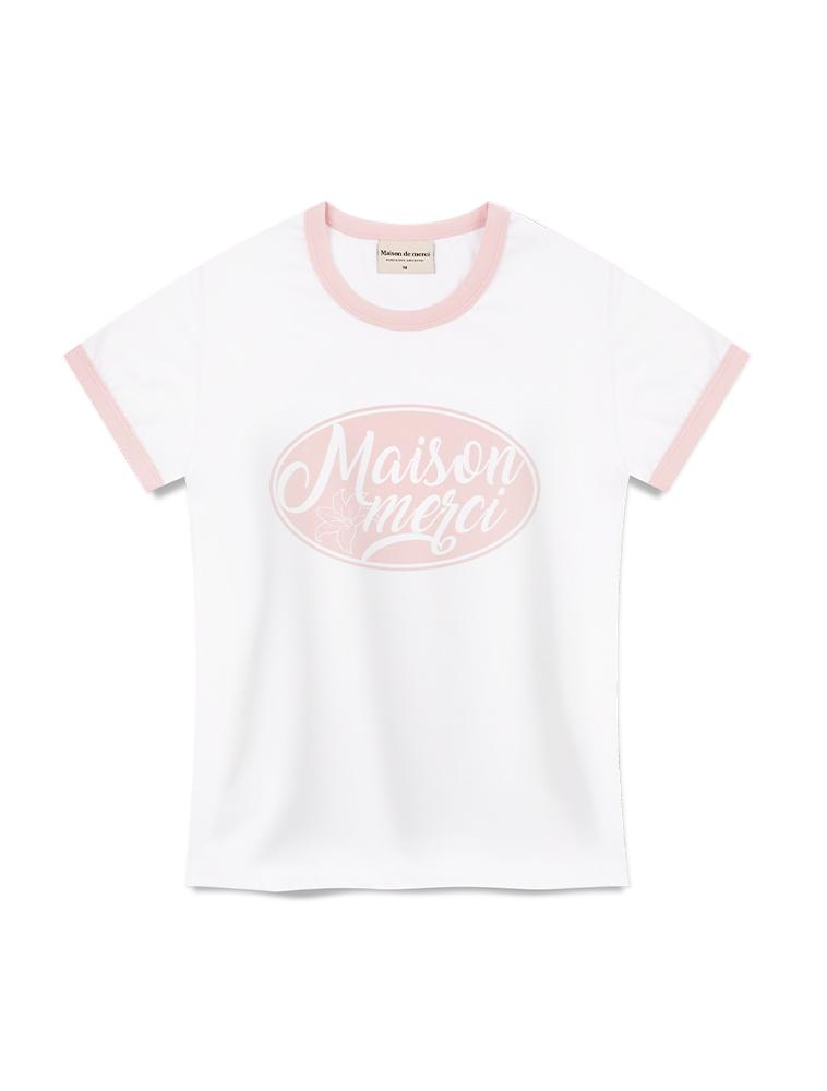 LA MAISON STUDIO Women'S Oval Logo Single Spandex Ringer Short Sleeve T-Shirt White Pink (Fcf2Ts531W)