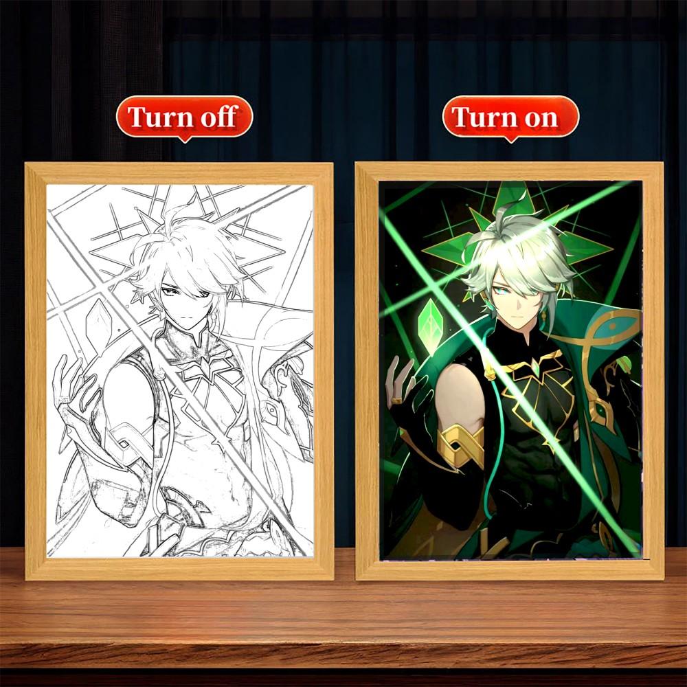 Anime Figure Genshin Impact Light Painting Photo Frame  Raiden Shogun Action Led Night Light Room Decor Christmas Gift Moon Lamp