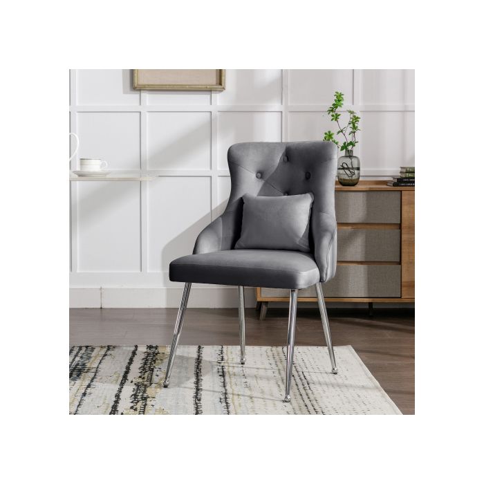 Chaise de salle à manger avec boutons, Chaise de salon moderne, Chaise de salon de chambre avec coussin lombaire, Gris