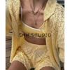 Summer New Product Women's Clothes Beach Style Lapel Short Sleeve Knitting Crocheted Bikini Blouse + Casual Shorts Suit
