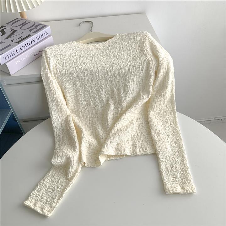 

Женская рубашка абрикосового цвета из плиссированного хлопка с длинными рукавами и круглым вырезом, облегающая, на весну и осень One Size абрикосовый света