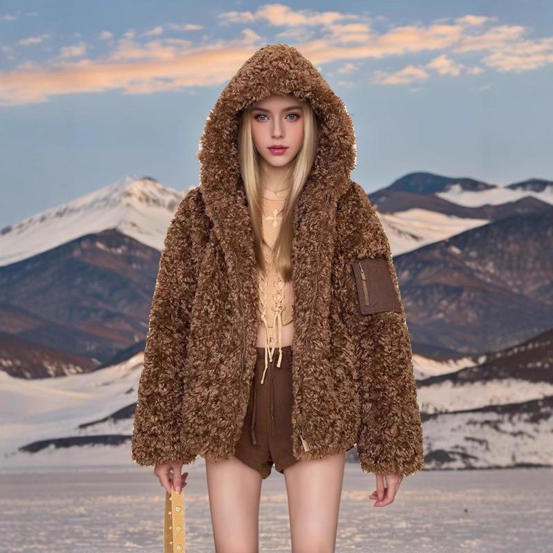 Lamb Wool Coat Women's New Winter Hooded Medium and Long Thickened Loose High-end Fur Fur Coat