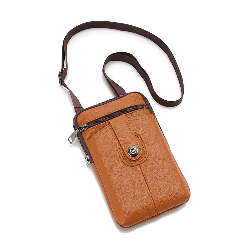 Genuine Leather Crossbody Phone Bag for Men & Women, Compact Shoulder Pouch with Zipper, Card Slots & Snap Pocket, Everyday Travel Wallet
