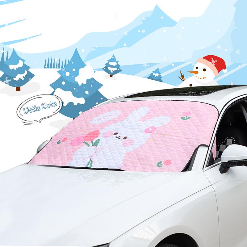 Blue Rain Cartoon Car Snow Shield: Frost & Anti-snow Windshield Protector with Tulip & Little Rabbit Design