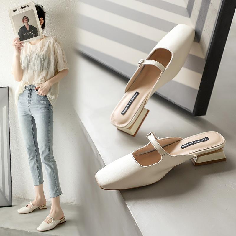 Leather Mary Jane sandals women's slippers low-heeled single shoes 2025 summer shallow thick heel small fragrant temperament single shoes women