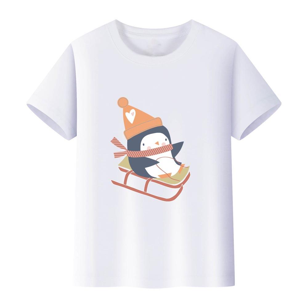 100% Cotton Girls' T-shirt Cute Cat and Penguin 2D Print Short-sleeved Casual Top for Children, Suitable for Both Boys and Girls