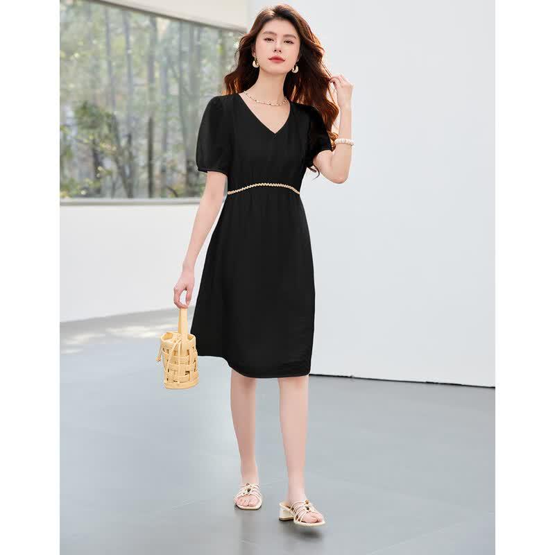 Sanpowa Women's V-Neck Midi Dress with Fitted Waist