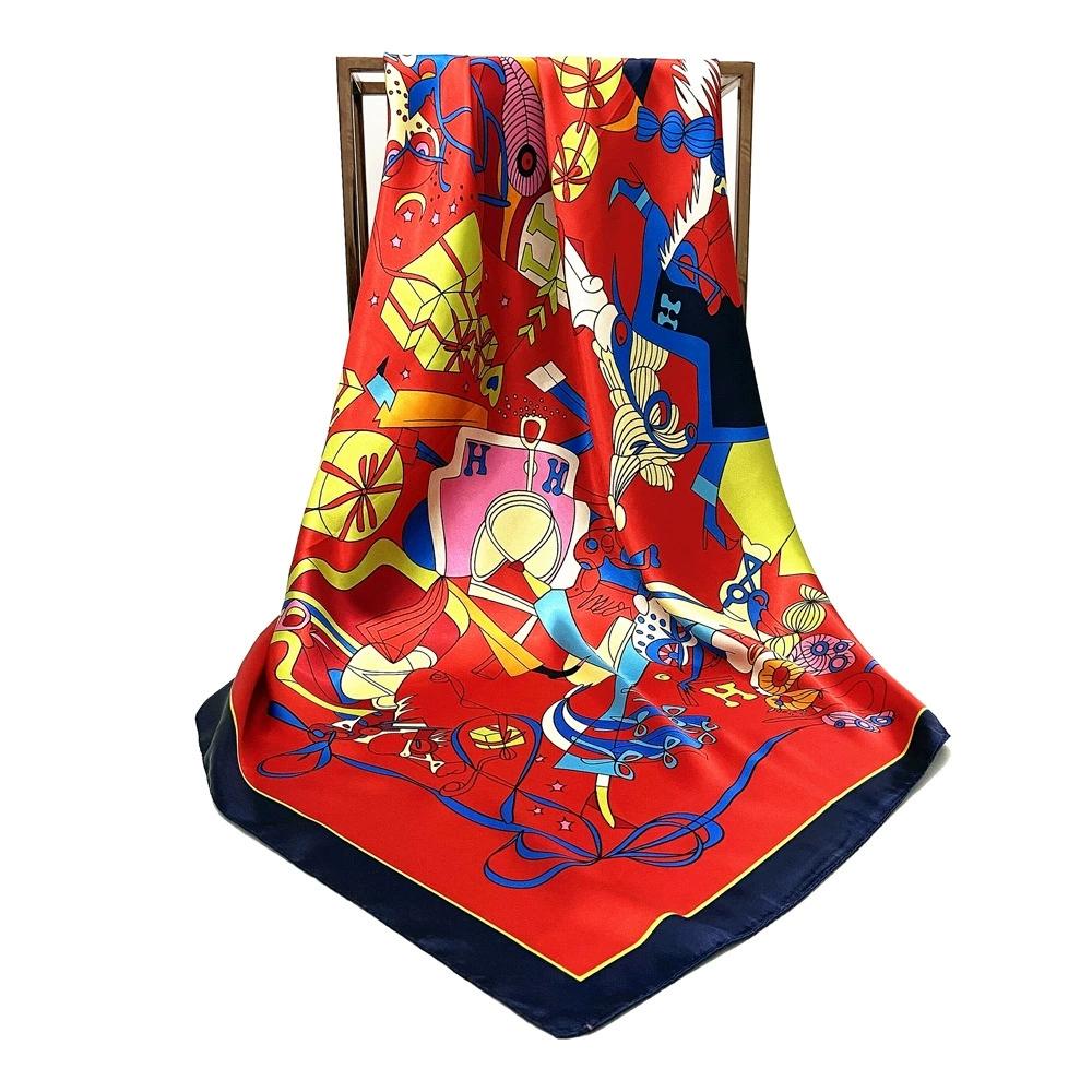 Stylish 90*90cm Spring Colorful Printed Small Square Scarf Foulard Hijabs For Women