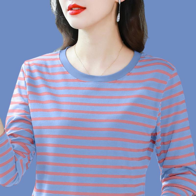 Breathable Cotton Long Sleeve Tshirt Women Loose Fit Simple Striped Casual Top Autumn
