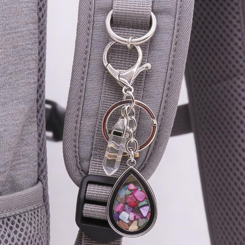 Natural Stone Crystals Teardrop Shape Photo Locket Keychain Featuring Diamonds Cut Designs for Sentimental Gifts