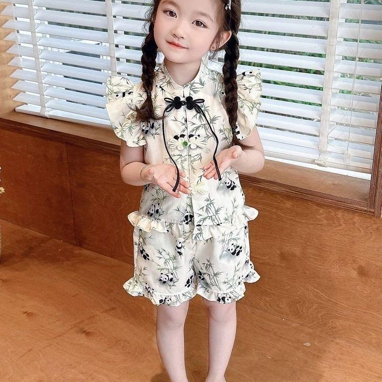 Girls Chinese Summer Outfit with Panda Print Short Sleeve Hanfu Set for Toddlers and Kids