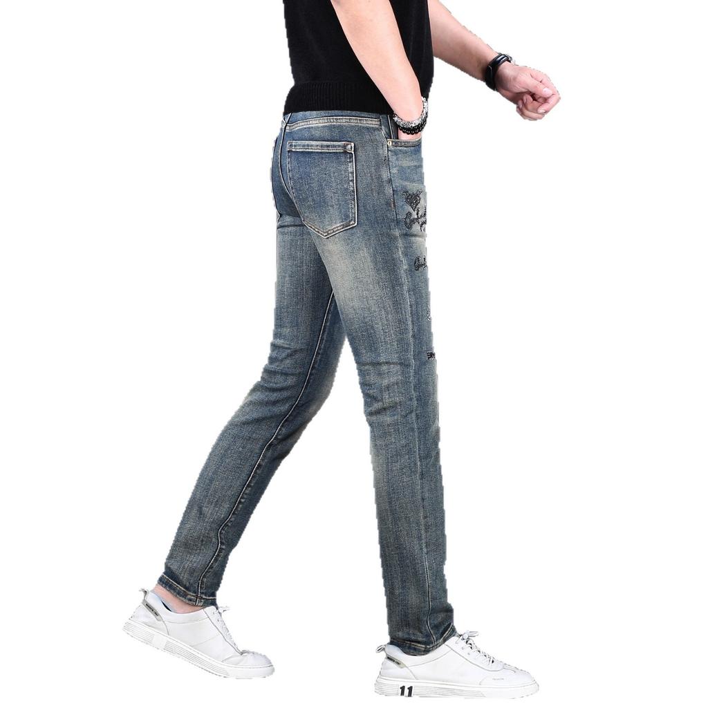 High-end European Autumn and Winter Jeans Men's Slim-fitting Small Feet Trendy Brand Elastic Personality Fashion Embroidery Men's Long Pants