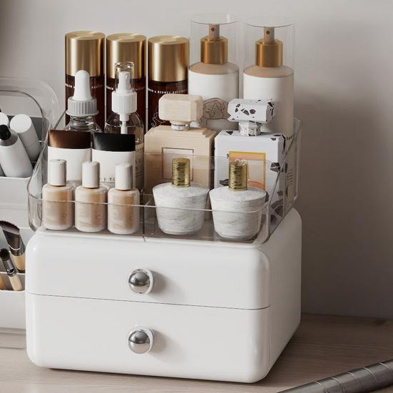 Desktop Cosmetics Storage Box Large Capacity Cosmetic Organizer with 2 Drawers Removable Multi-Compartment Box Makeup Organizer for Dresser