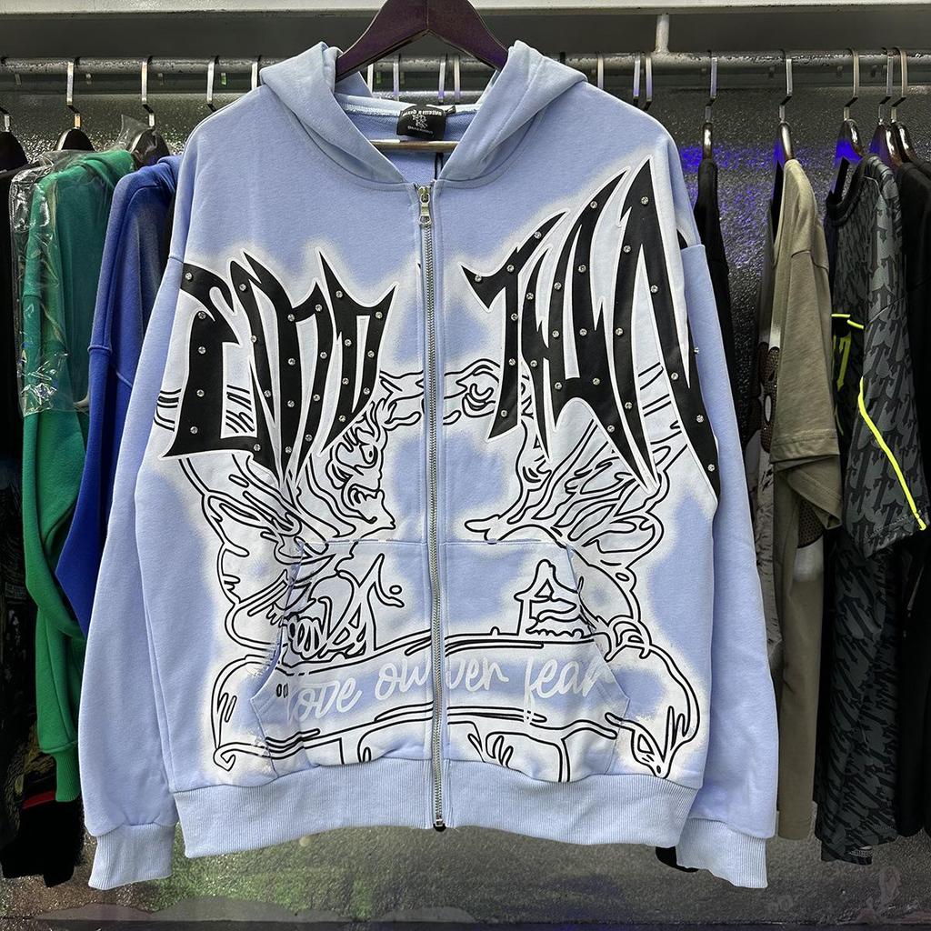 Streetwear kardigan s kapucí s potiskem písmen a kamínky, smíšené emoce