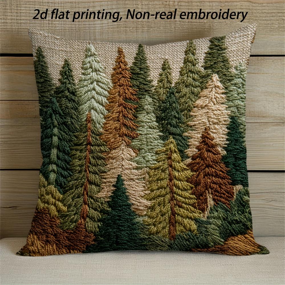 Pine Tree Forest Pillow Cover 2D Embroidered Print Woodland Mountain Cushion Case For Sofa Bed Couch Rustic Cabin Home Decor