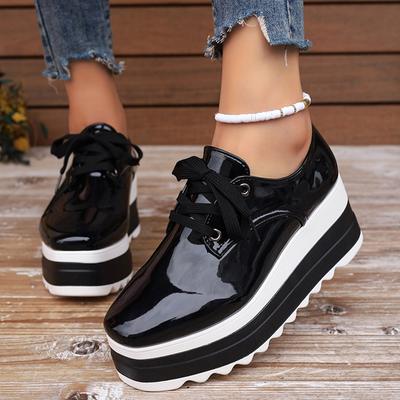 2024 Nouvelles Chaussures Brogue à Semelle Épaisse en Cuir Verni pour Femme Femmes Grande Taille Lacets Ballerines Femme Plateforme Épaisse Chaussures Oxford 42
