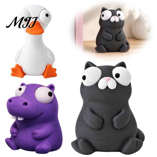 Cute Animal Figures Funny 3D Printed Ornament, Hippo/Goose/Cat Shape, Figurines with Big Novelty Shaped Decor Moving Eyes, Interactive Decompression
