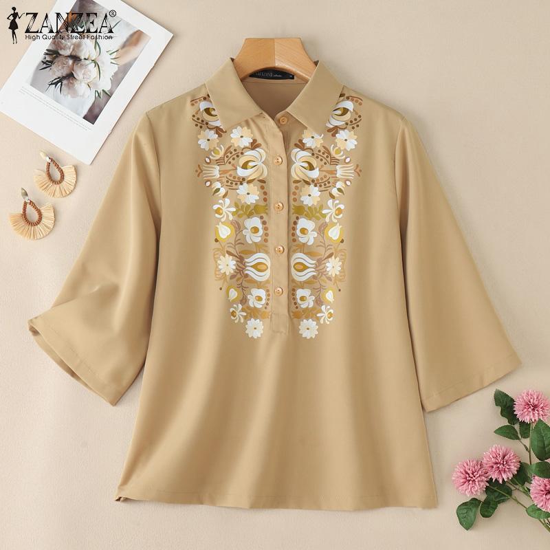 ZANZEA Women Casual Turn Down Collar 3/4 Sleeve Loose Print Blouse