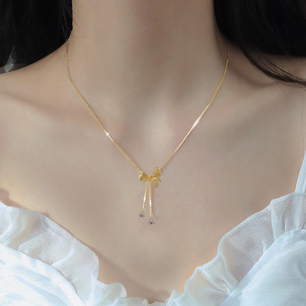 Titanium Steel Bow Tassel Luxury Necklace
