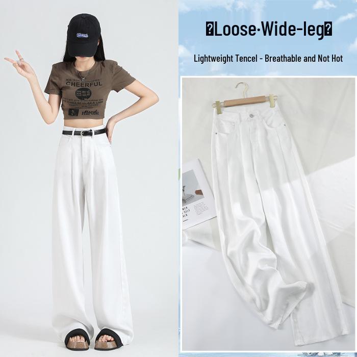 Women s Summer 2024 High Waist White Ice Silk Wide Leg Jeans L
