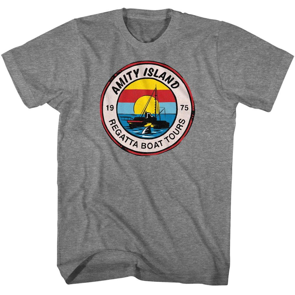 Jaws 70 s Thriller Movie Amity Island Regatta Boat Tours Badge 75 Men s T Shirt S
