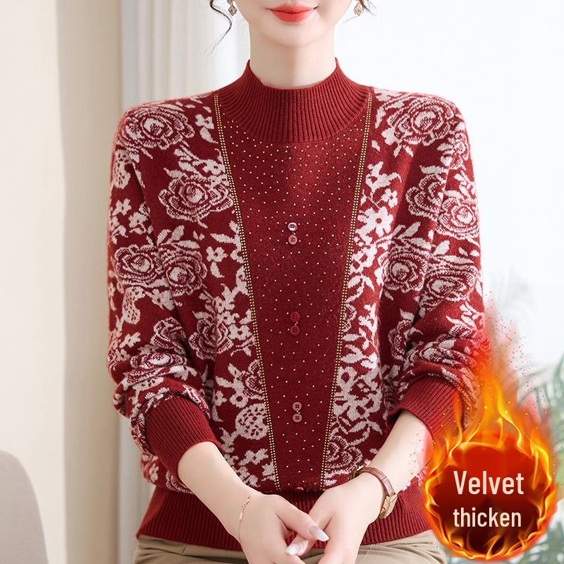 Elegant Knit Top for Middle-Aged & Elderly Women - Autumn/Winter Half-High Collar with Fleece Lining