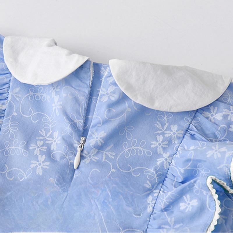 Wiosna i Lato Nowa Dziewczęca Świeża Niebieska Sukienka w Małe Kwiatki z Kapeluszem