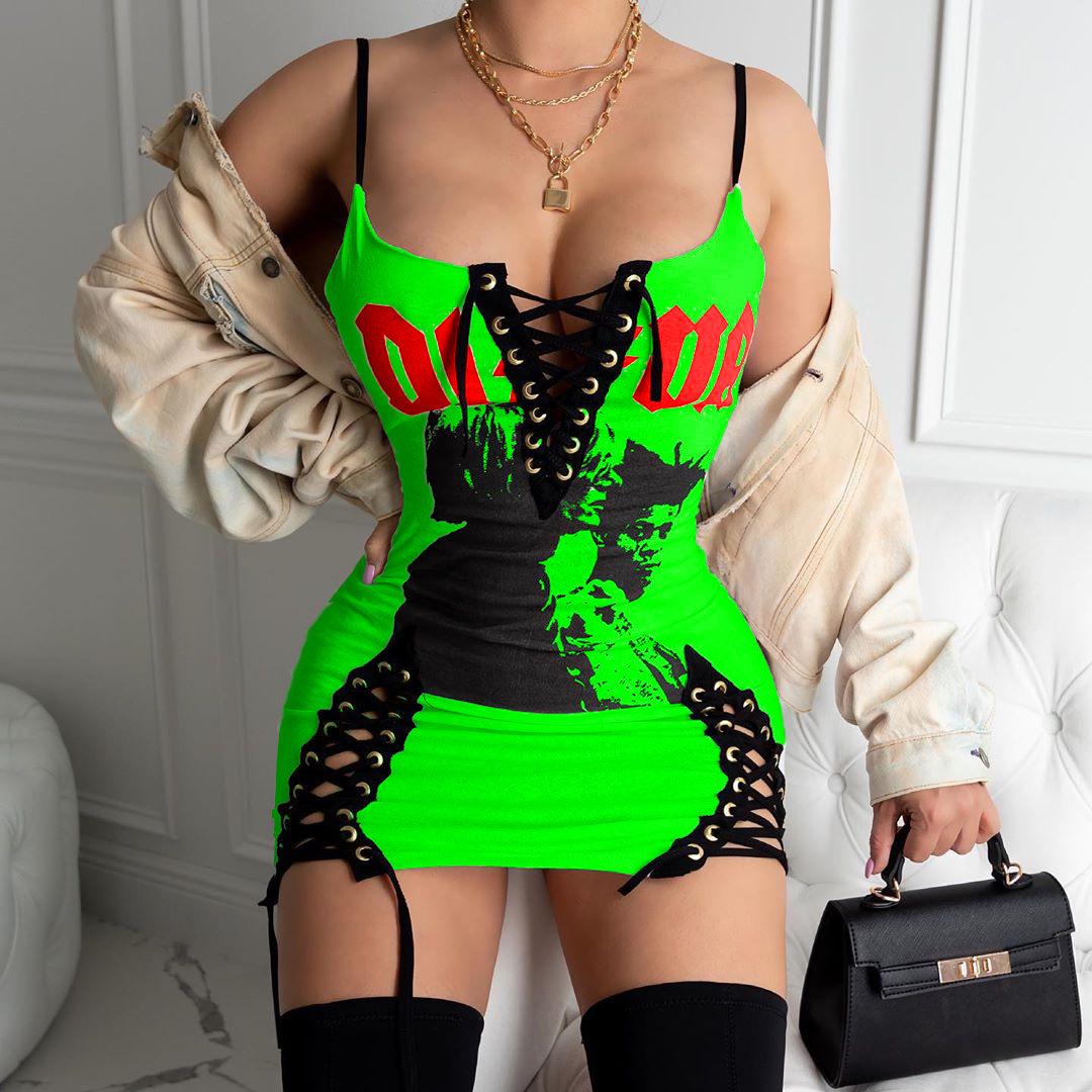 European & American Women s Printed Summer Lace-up Dress - Sexy & Tight for Music Festivals S зелёный