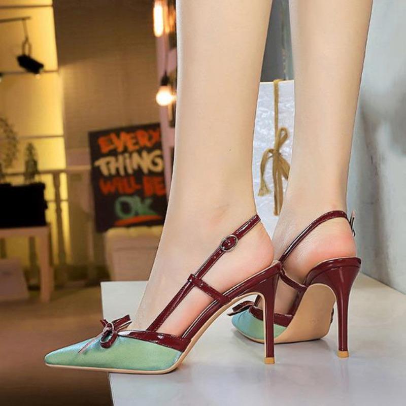 Silk Satin Butterfly Knot Pointed Toe Back One-Strap Sandals High Heels 9CM Elegant Sexy Rubber Sole Shoes Sandalias De Mujer