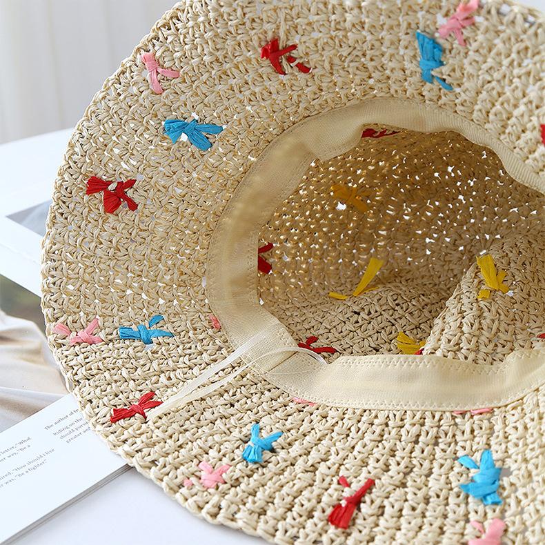 Sweet Color Woven Straw Hat Women's Summer Seaside Beach Hollow Crochet Sunscreen Hat Vacation Big Brim Sun Hat