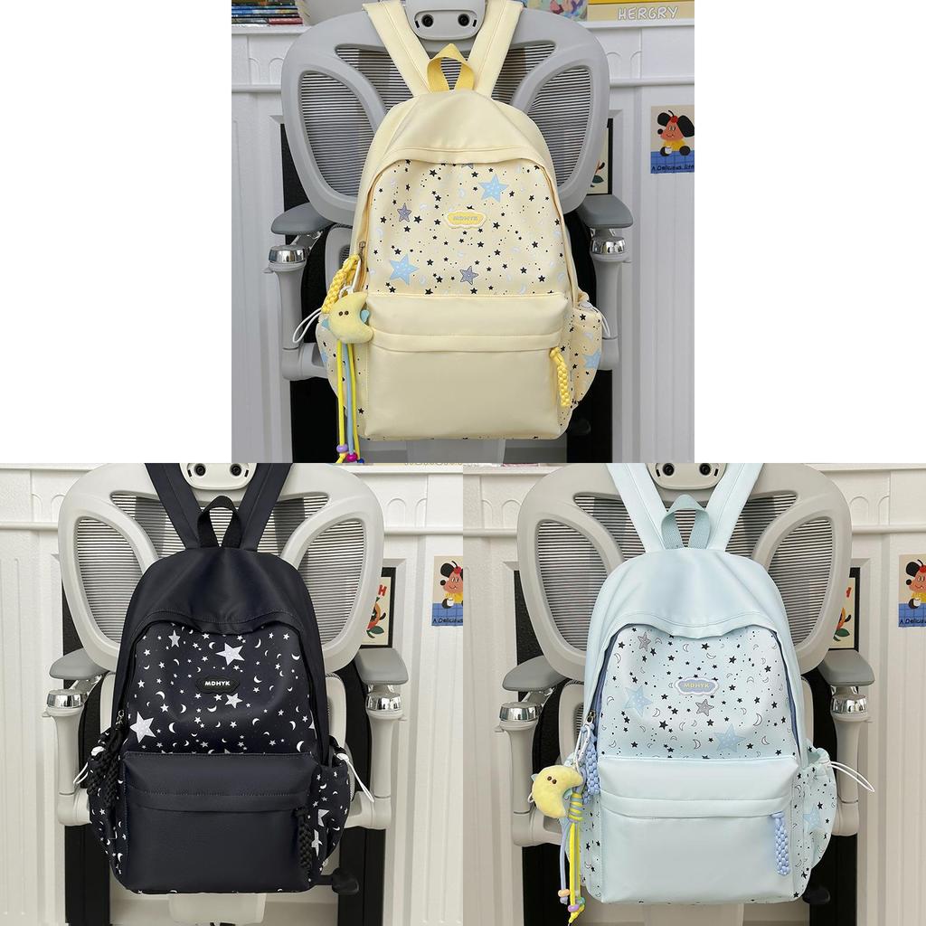 Nylon Girl Backpack With Star Print And Moon Pendant For Casual Travel