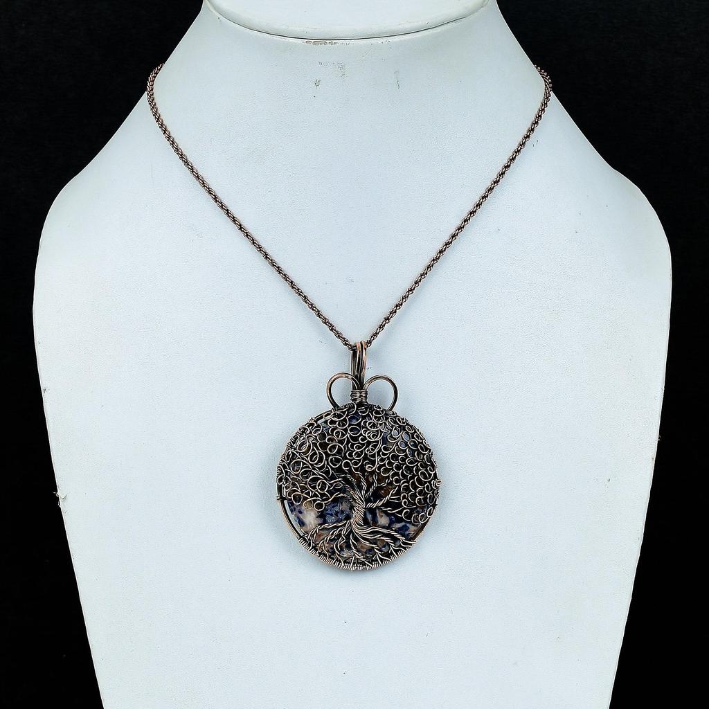 Sodalite Pendant, Handmade Gemstone 999 Copper Wire Wrap Tree Of Life Pendant Antique Jewelry, For Gift Copper Jewelry