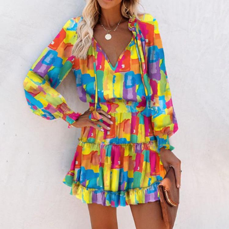 Trendy Women's Print V-Neck Waist-Cinching Dress with Long Sleeves
