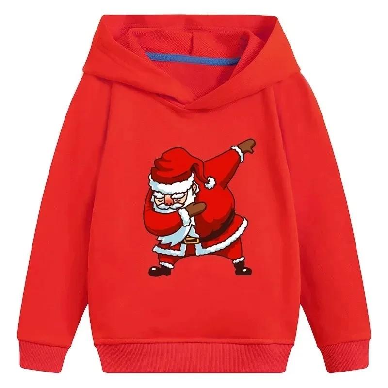 Children's Autumn and Winter Santa Claus Hooded Sweatshirt with Printed Design, Casual and Fashionable Pullover for Young Girls, Christmas Themed Top