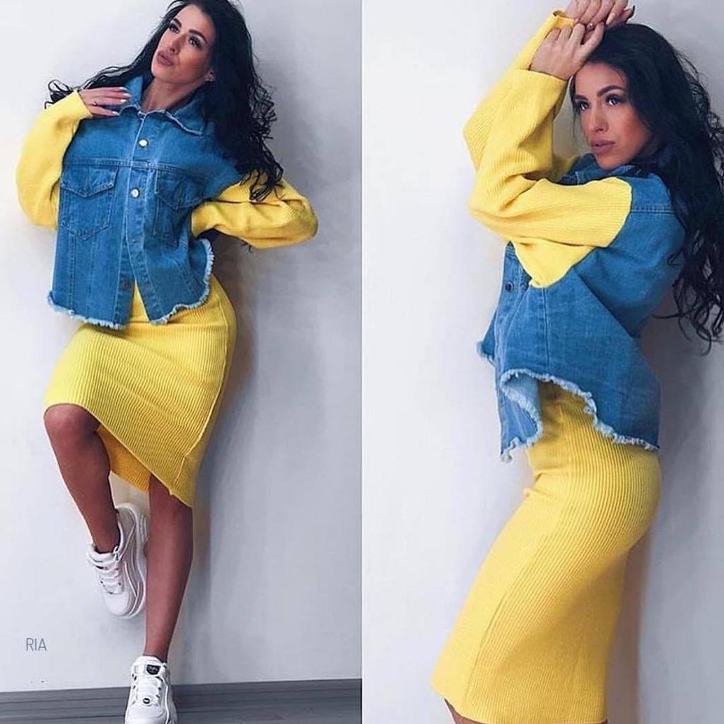 Women Denim Patchwork Jacket Two Piece Sets Knitting Skirt Casual Single Breasted Knitted Sleeve Coat Sweater Skirt