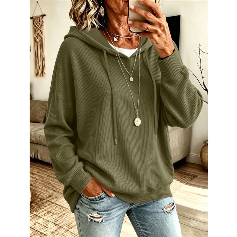 Women S Solid Drawstring Hooded Knit Loose Fit Casual Sweatshirt With Pockets