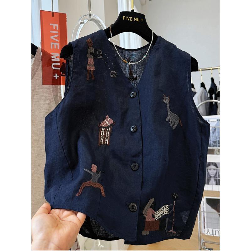 Women Summer Embroidered V Neck Sleeveless Loose Casual Vest Top M темно-синий