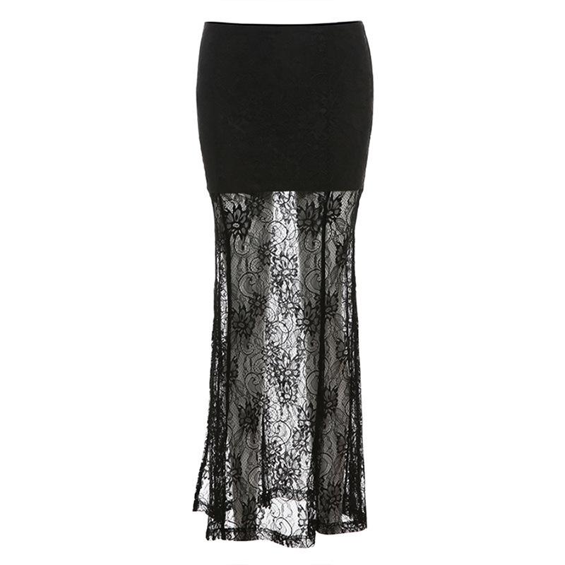 European and American style summer new women's clothing fashion black lace perspective slim and thin floor long skirt skirt