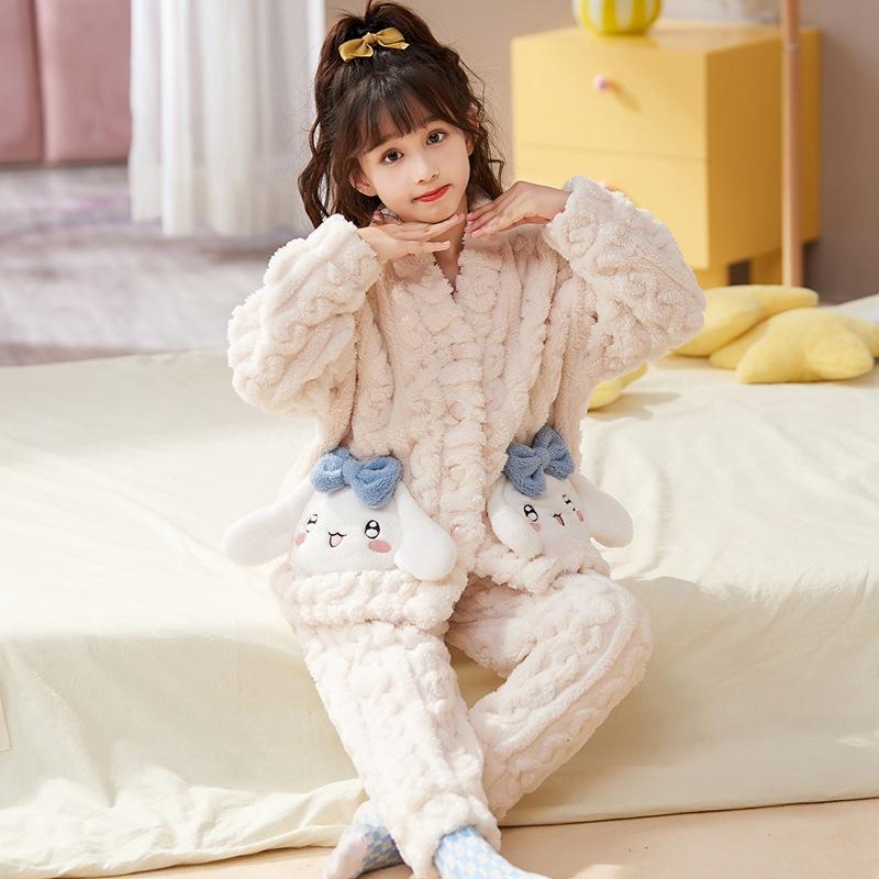 Kids Flannel Pajamas Set Boys Girls Warm Long Sleeve Top And Pants Sleepwear Winter Home Nightwear