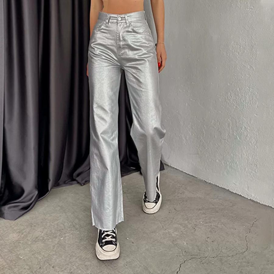 Spring/Autumn Pocket Loose Wide Leg Retro Straight Leg Gold Silver Pants Women's Trousers