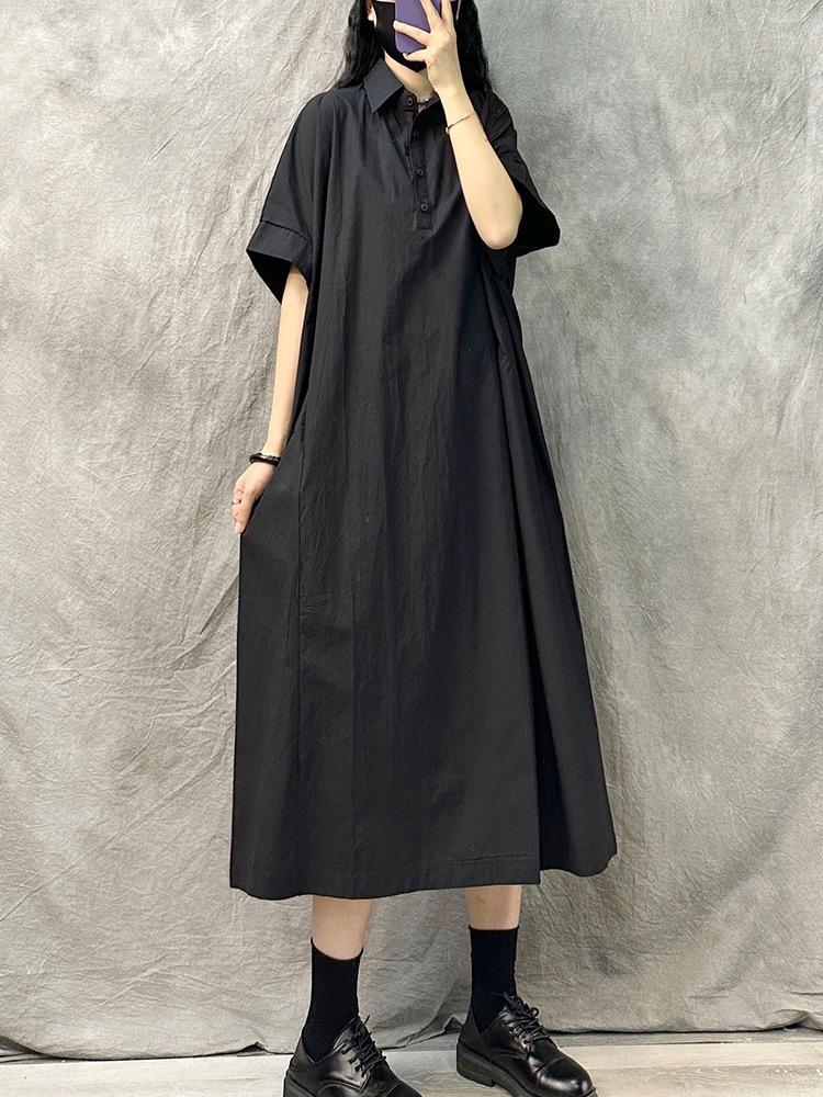 Lapel Short-sleeved Casual Dress Women's 2025 New Summer Large Size Loose Temperament Fashion Solid Color Medium and Long Dress