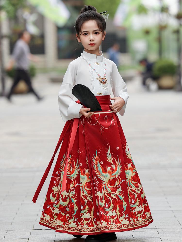 Mädchen Chinesischer Stil Pferd Gesicht Rock Set: Sommer Hanfu Kleidung, Ming-Stil Tang-Anzug
