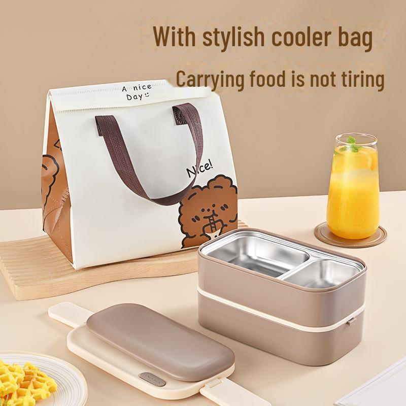 Portable, Microwaveable Square Lunch Box with Tableware: Double-Layer, Large Capacity for Office Workers & Students
